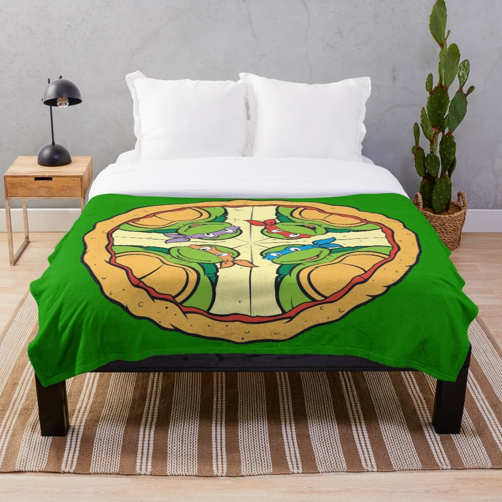 Retro-inspired pizza plush blanket featuring teenage mutant ninja turtles