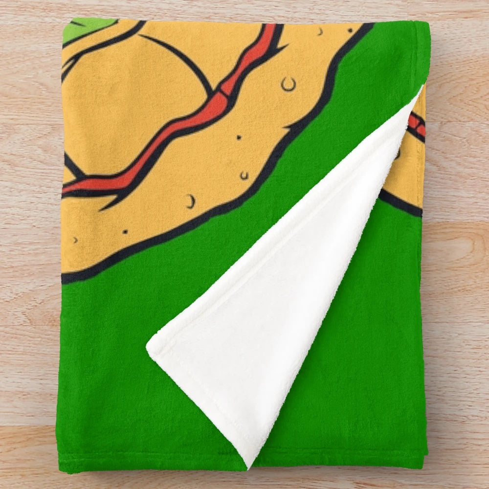 Retro-inspired pizza plush blanket featuring teenage mutant ninja turtles