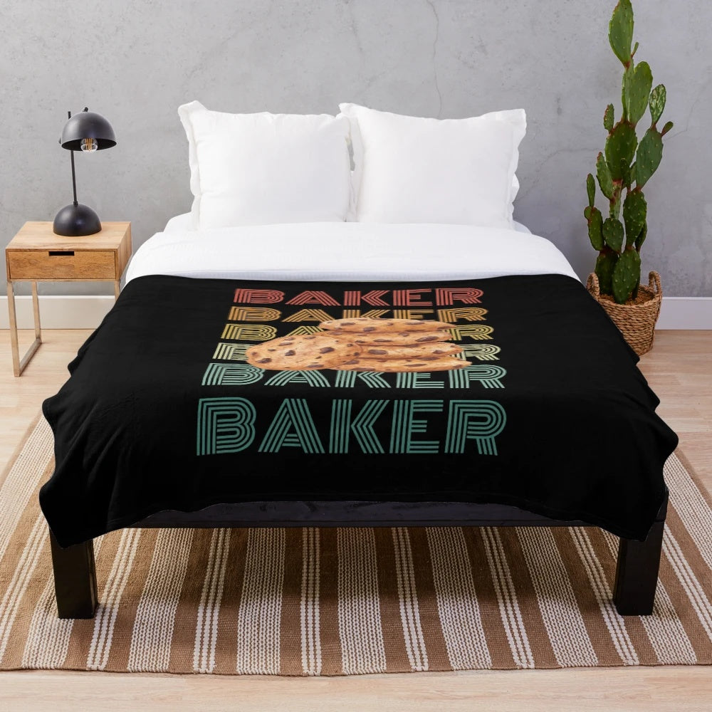Retro-inspired plush blanket featuring a baker cookies design