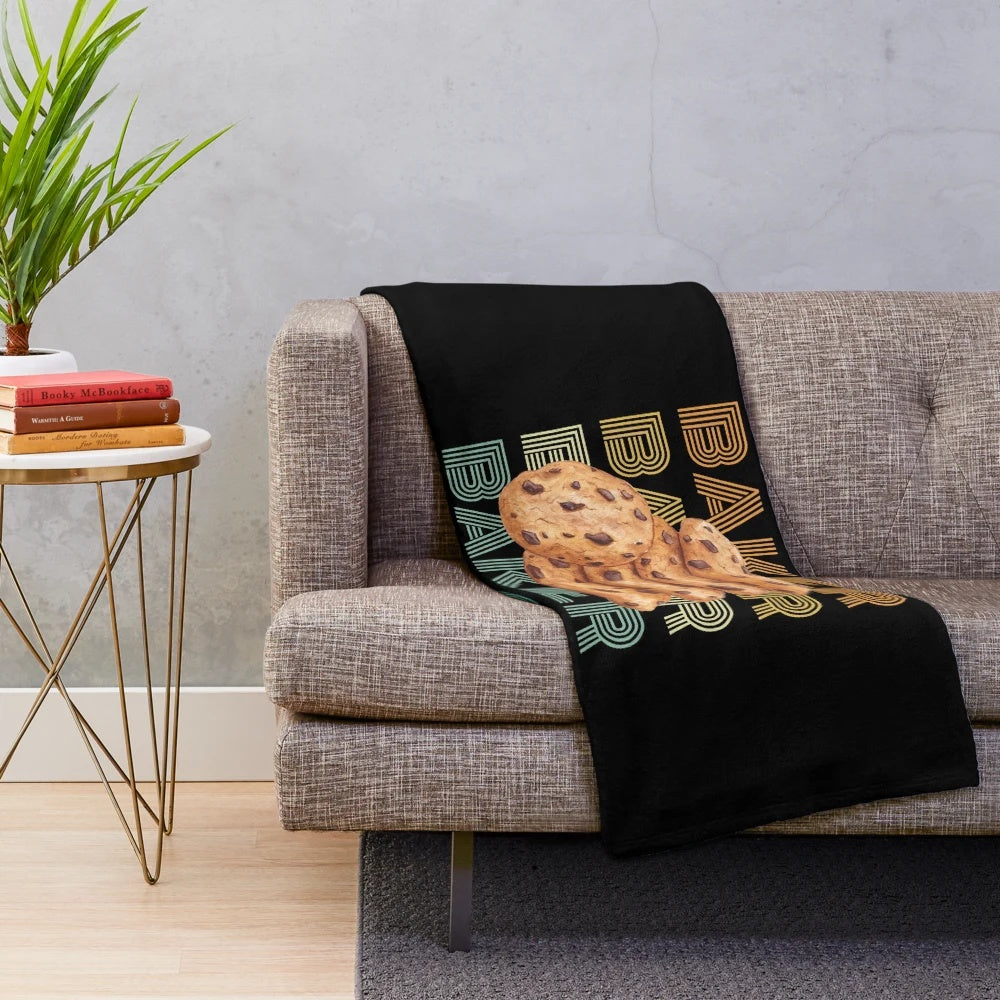 Retro-inspired plush blanket featuring a baker cookies design