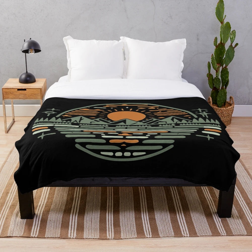 Retro plush blanket with symbolic sun and diverse landscape designs