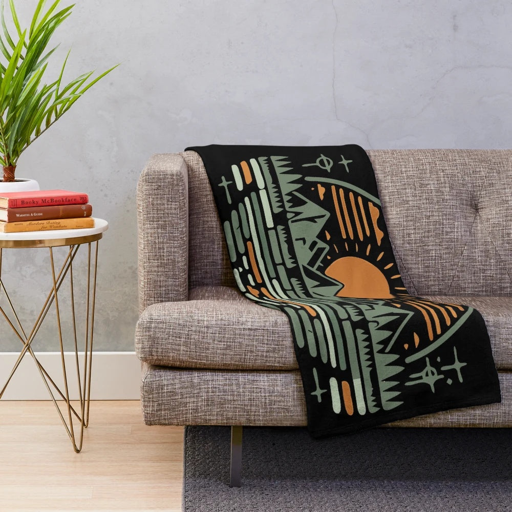 Retro plush blanket with symbolic sun and diverse landscape designs