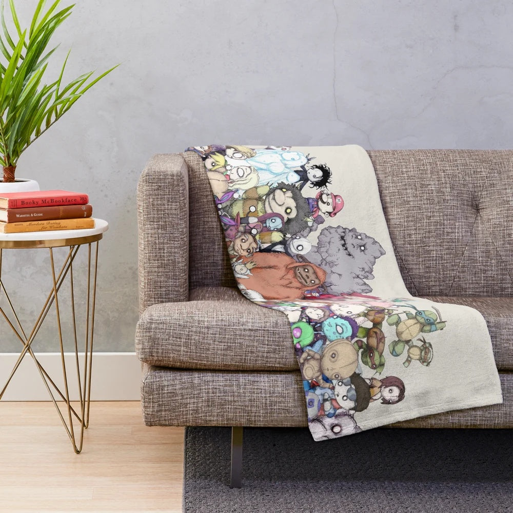 Retro-inspired plush blanket with nostalgic TV show characters