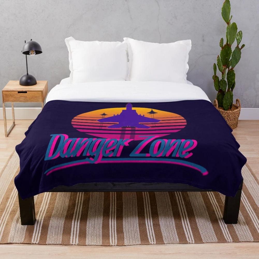 Plush blanket with retro 80s 90s design featuring aviation, pop culture, and vaporwave elements