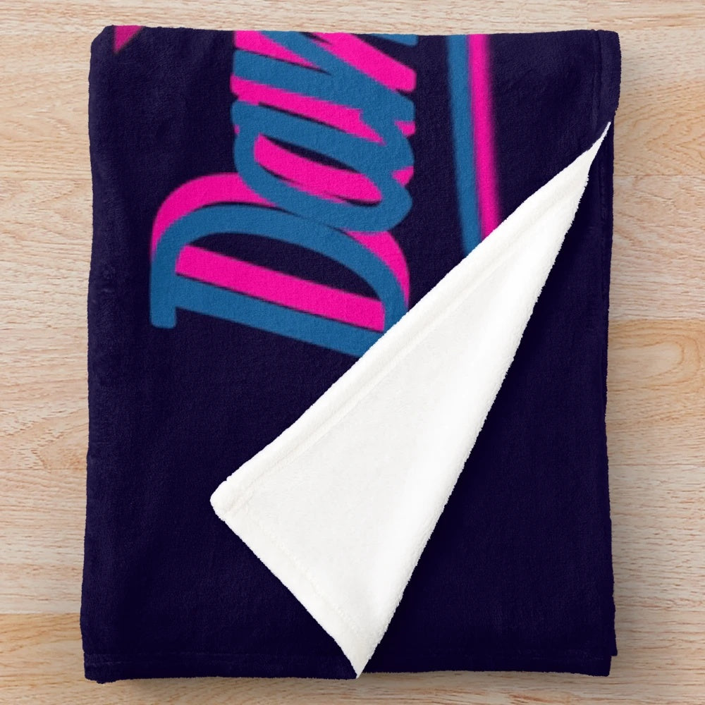 Plush blanket with retro 80s 90s design featuring aviation, pop culture, and vaporwave elements