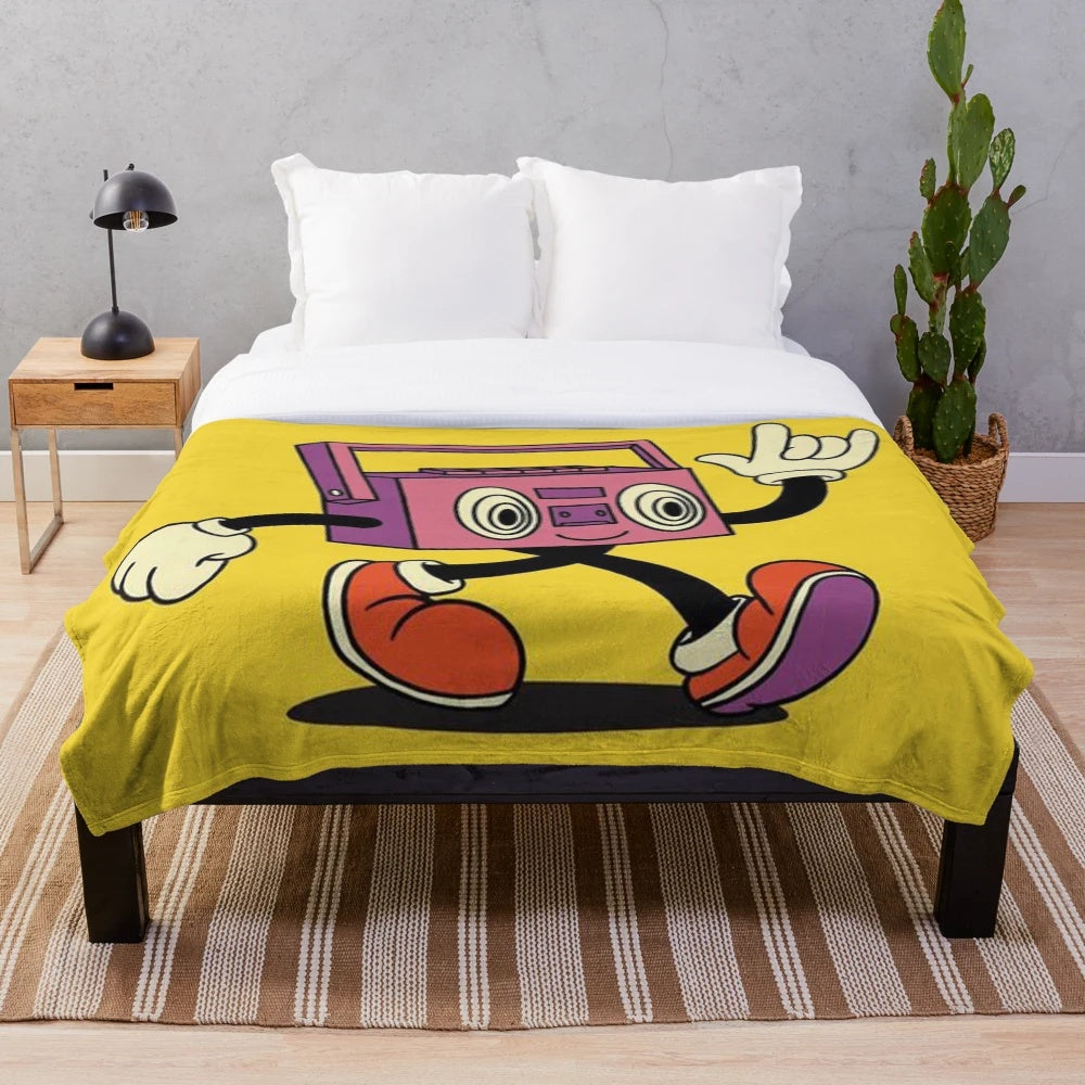 Retro-inspired plush blanket featuring a vintage radio design