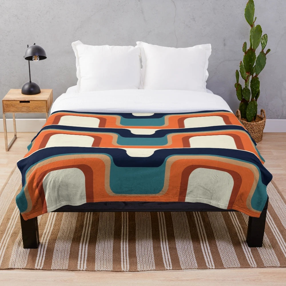 Mid-Century Modern Plush Blanket with Vibrant 1970s Inspired Geometric Pattern