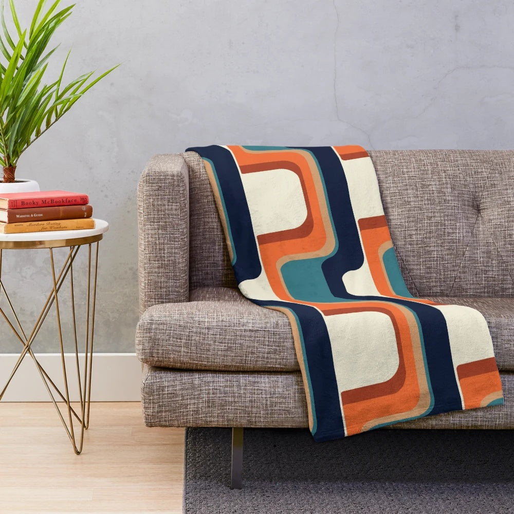 Mid-Century Modern Plush Blanket with Vibrant 1970s Inspired Geometric Pattern