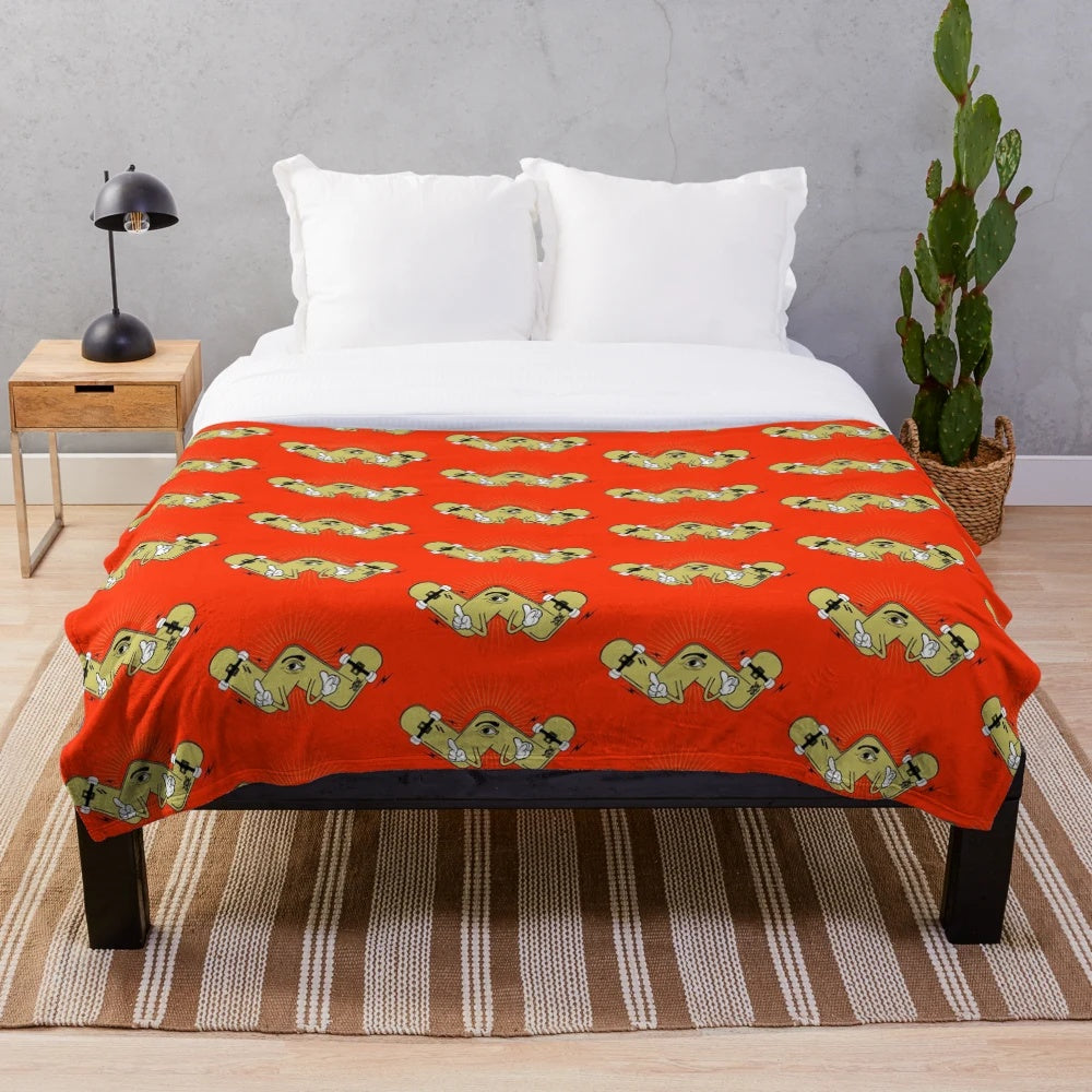 Retro-inspired plush blanket featuring a skateboard design, perfect for cozy adventures