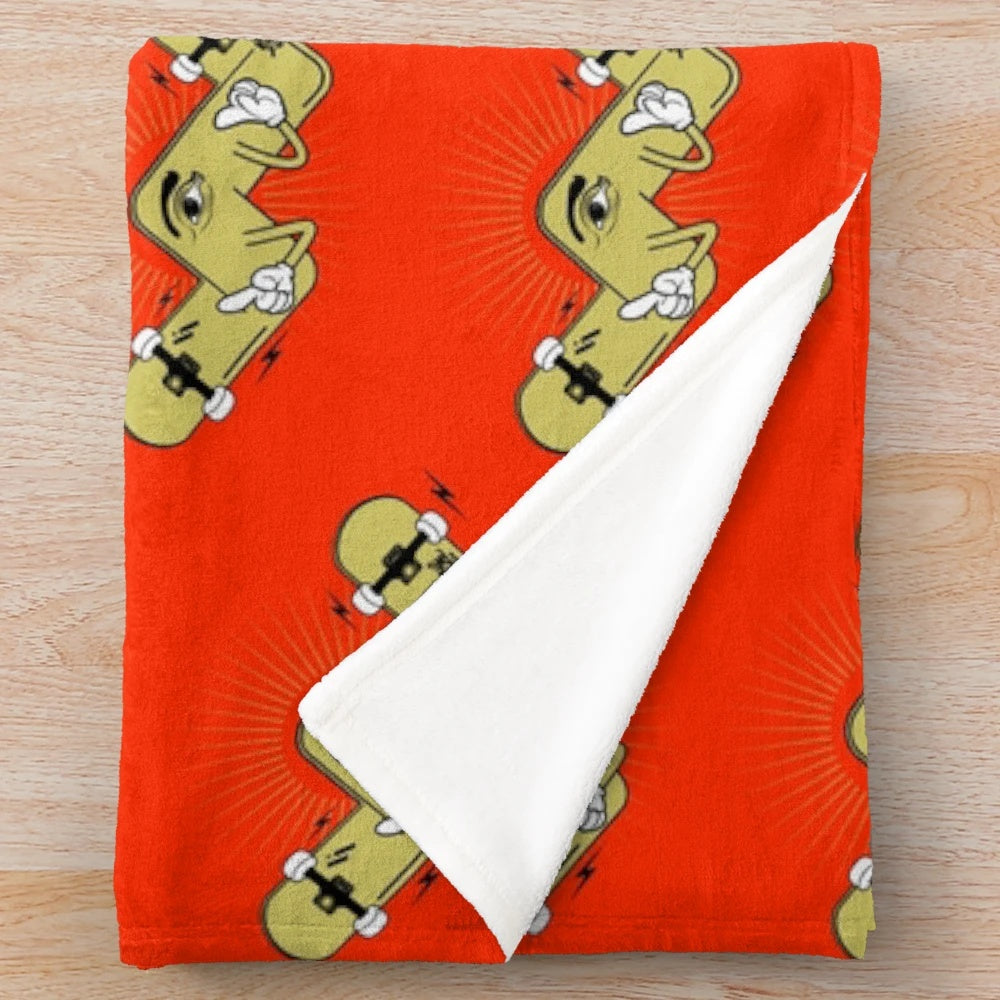 Retro-inspired plush blanket featuring a skateboard design, perfect for cozy adventures