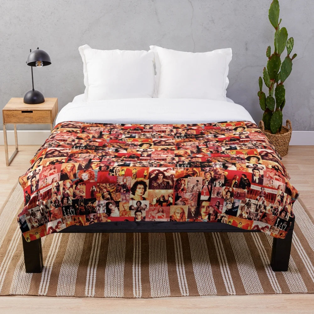 Retro-inspired Rocky Horror-themed plush blanket featuring a collage of characters and elements from the cult classic film.