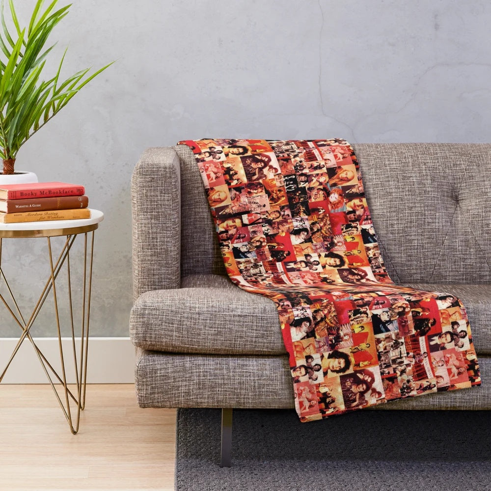 Retro-inspired Rocky Horror-themed plush blanket featuring a collage of characters and elements from the cult classic film.