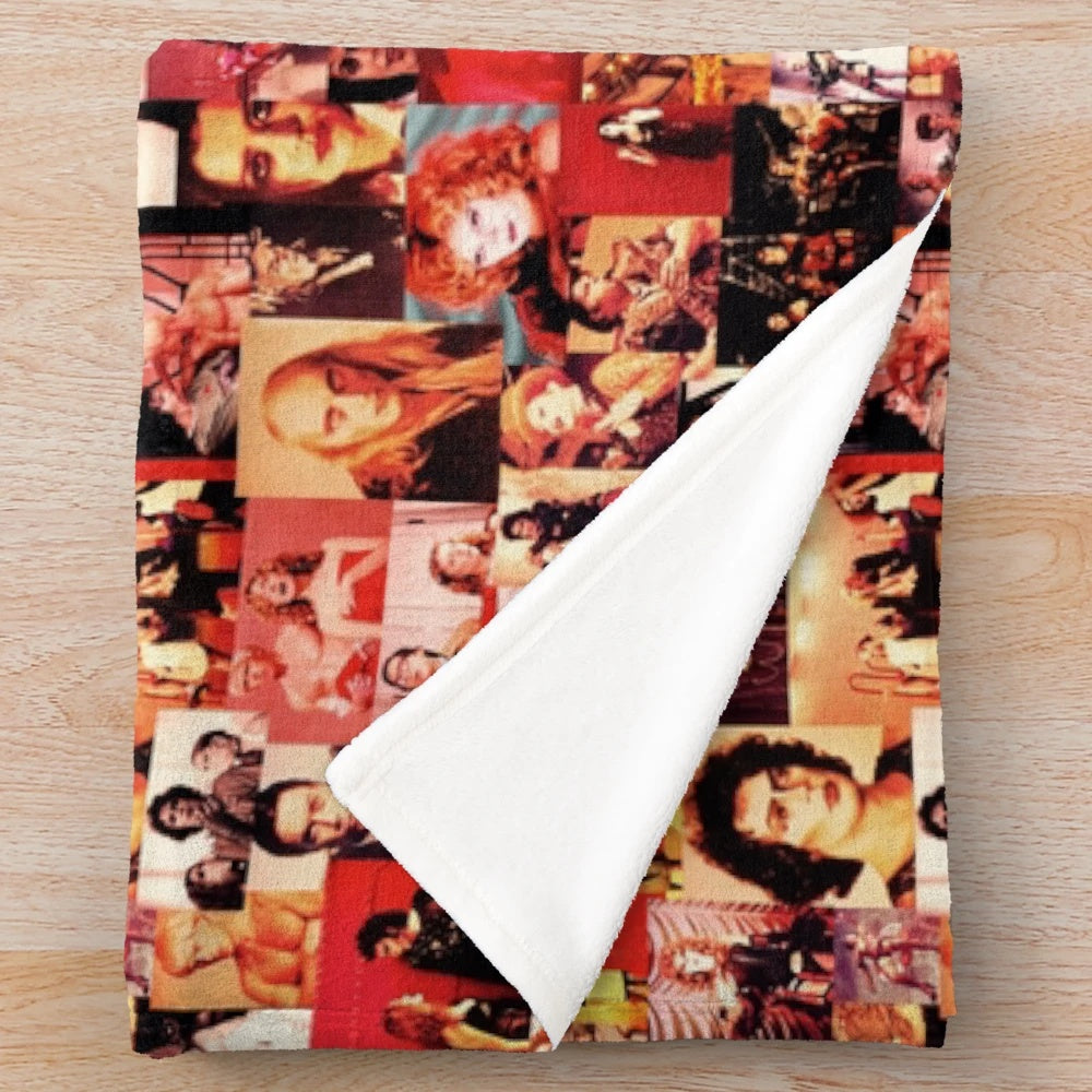 Retro-inspired Rocky Horror-themed plush blanket featuring a collage of characters and elements from the cult classic film.