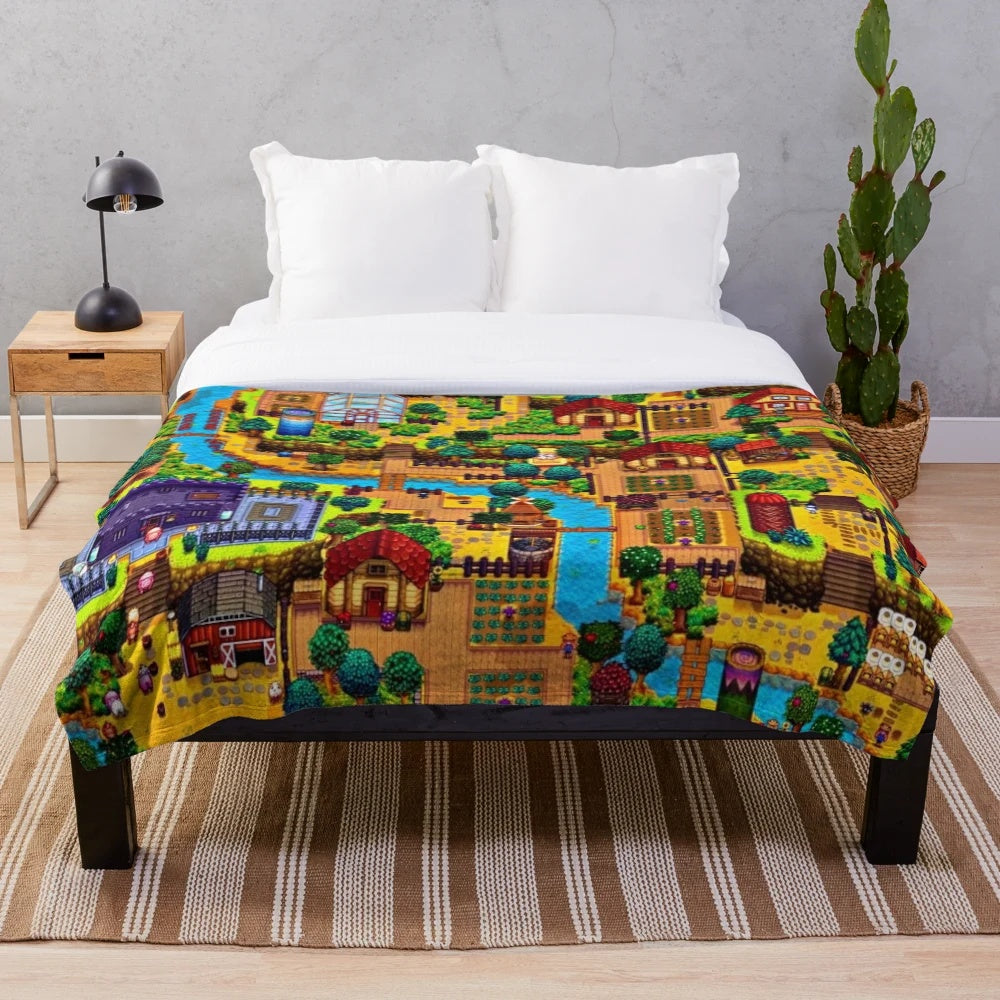Stardew Valley map plush blanket featuring retro pixel art design