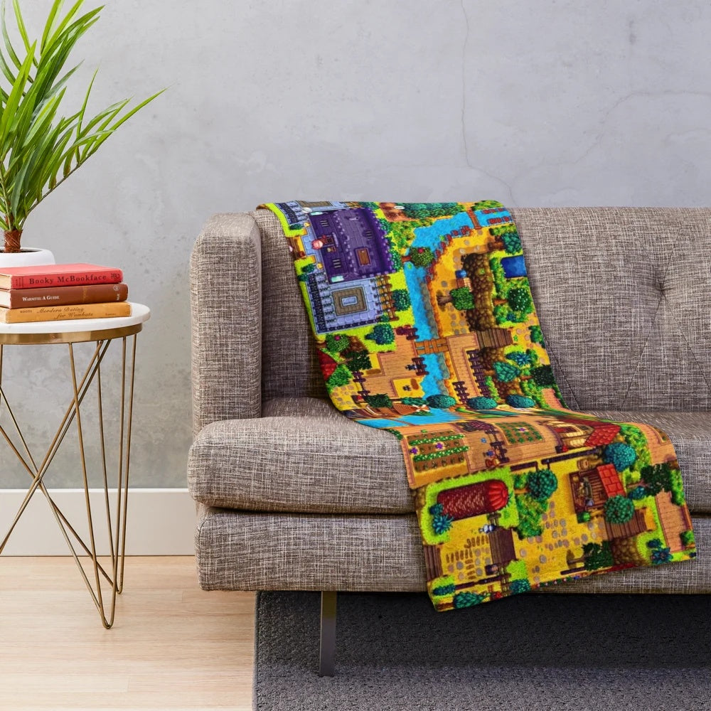 Stardew Valley map plush blanket featuring retro pixel art design