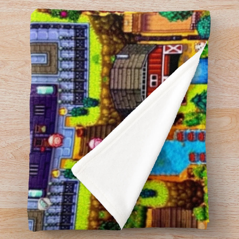 Stardew Valley map plush blanket featuring retro pixel art design