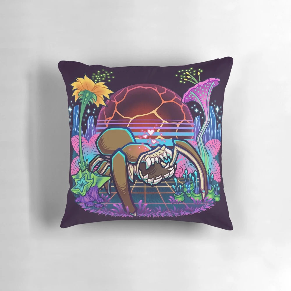 Vibrant, neon-colored pillow featuring Steeve the Glyphid from the game Deep Rock Galactic