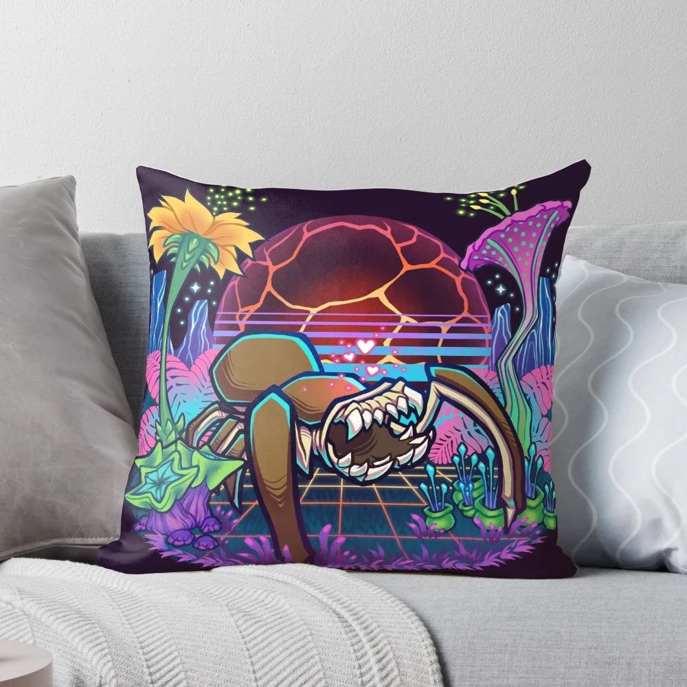 Vibrant, neon-colored pillow featuring Steeve the Glyphid from the game Deep Rock Galactic