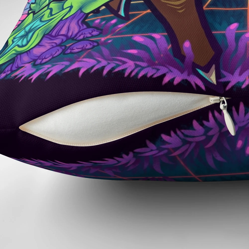 Vibrant, neon-colored pillow featuring Steeve the Glyphid from the game Deep Rock Galactic