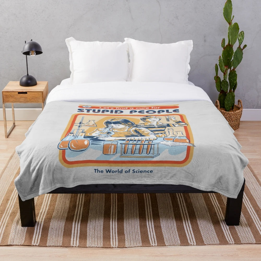 Retro-inspired plush blanket with a humorous "stupid people" design