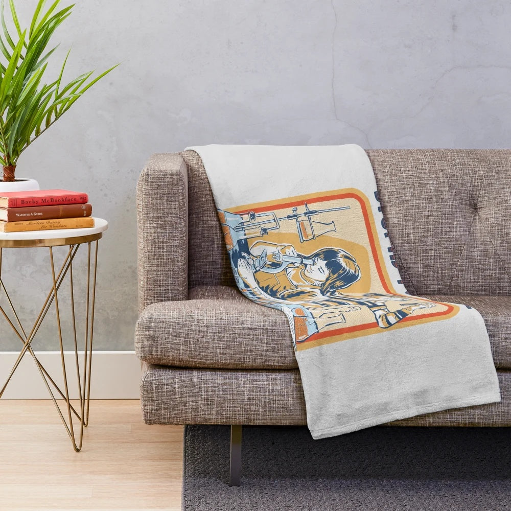 Retro-inspired plush blanket with a humorous "stupid people" design