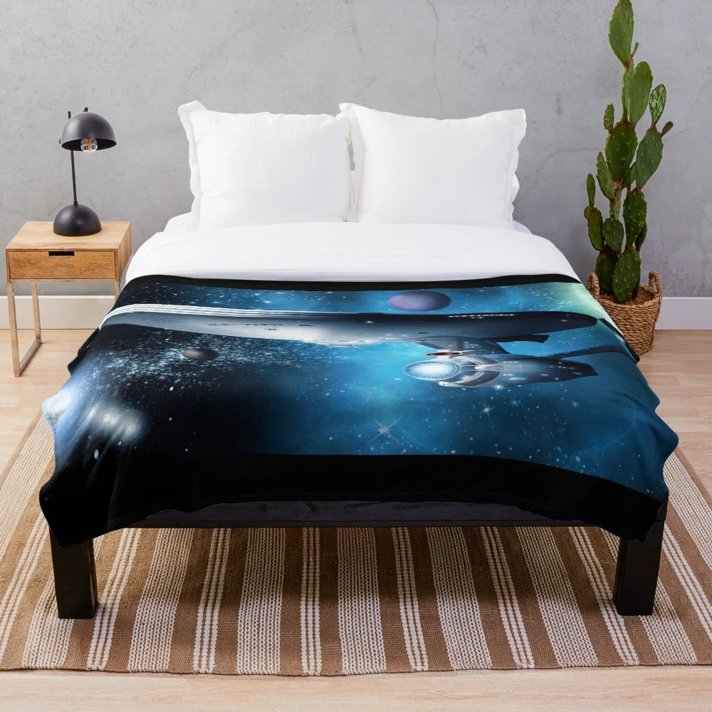 Retro-inspired Star Trek Enterprise plush blanket featuring the quote "Where Silence Has Lease