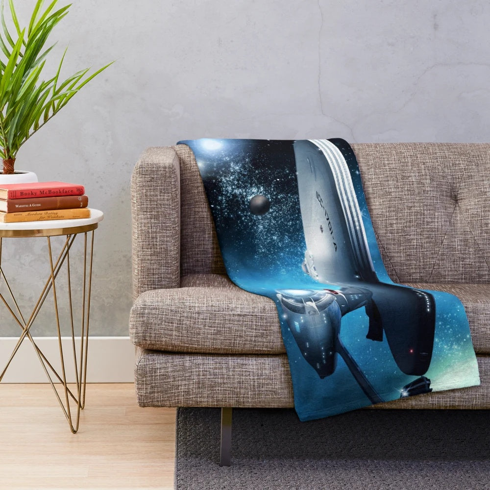 Retro-inspired Star Trek Enterprise plush blanket featuring the quote "Where Silence Has Lease
