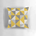 Stylish retro-inspired pillow with a bold triangle pattern in vibrant yellow and neutral gray tones