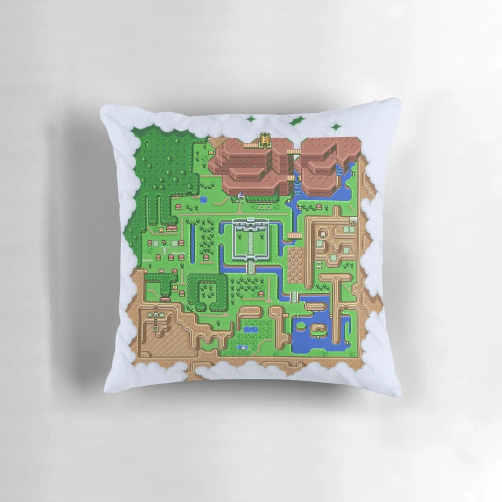 Retro-inspired Zelda pixel map design printed on a soft, comfortable pillow