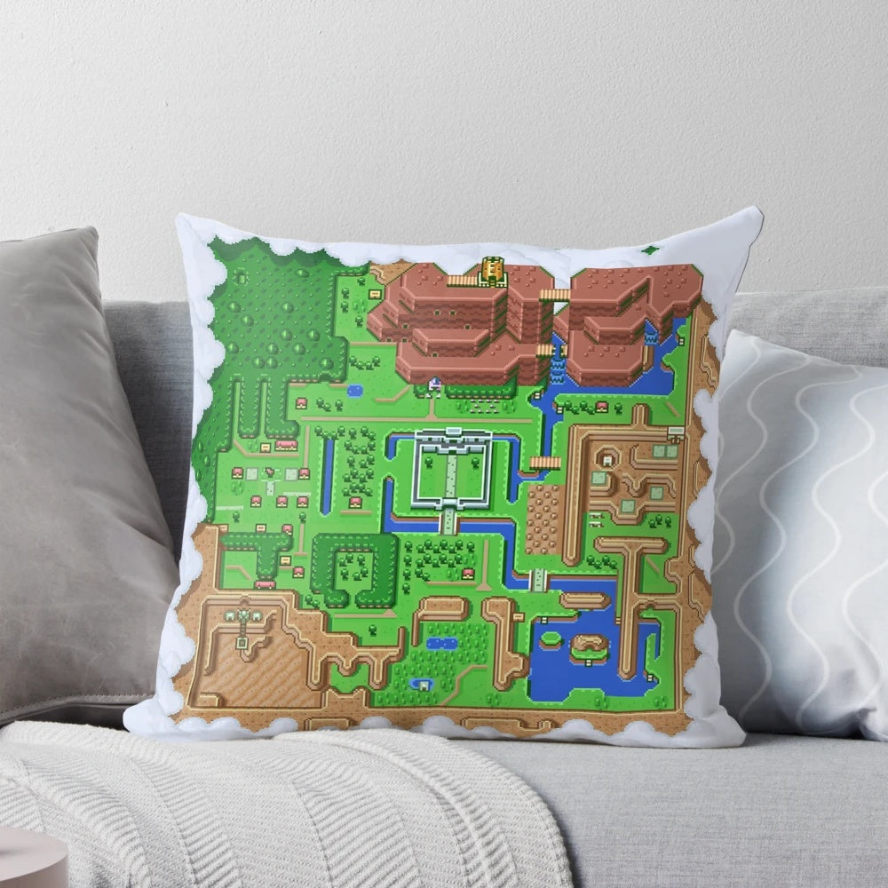 Retro-inspired Zelda pixel map design printed on a soft, comfortable pillow