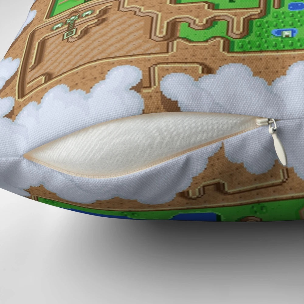 Retro-inspired Zelda pixel map design printed on a soft, comfortable pillow