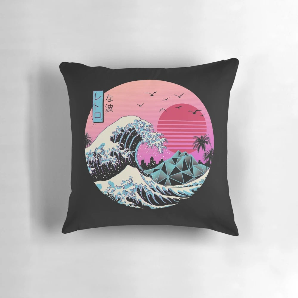 Retro Japanese 'Great Wave off Kanagawa' inspired pillow with vibrant colors and bold design