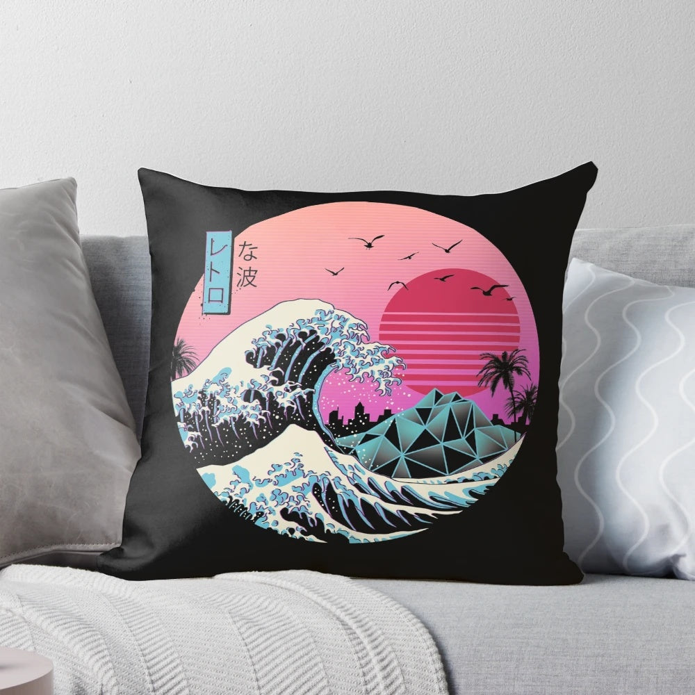 Retro Japanese 'Great Wave off Kanagawa' inspired pillow with vibrant colors and bold design