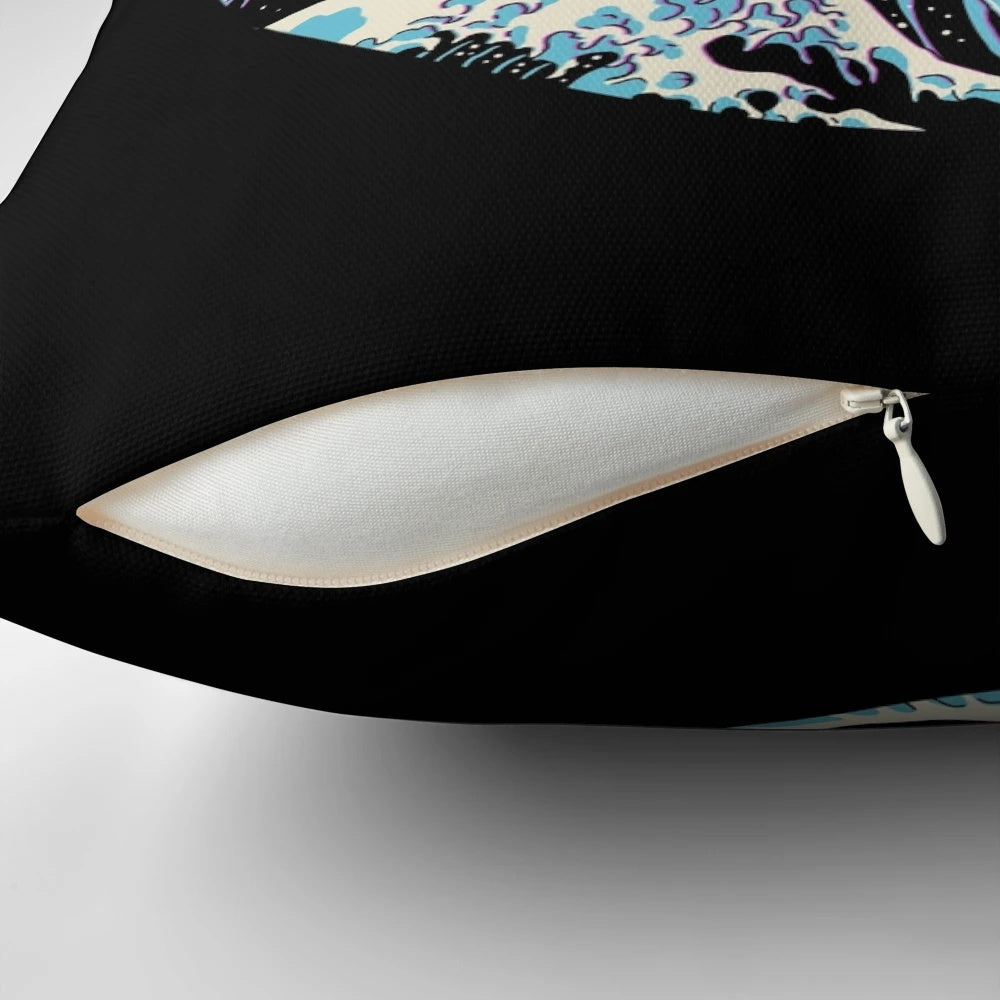 Retro Japanese 'Great Wave off Kanagawa' inspired pillow with vibrant colors and bold design
