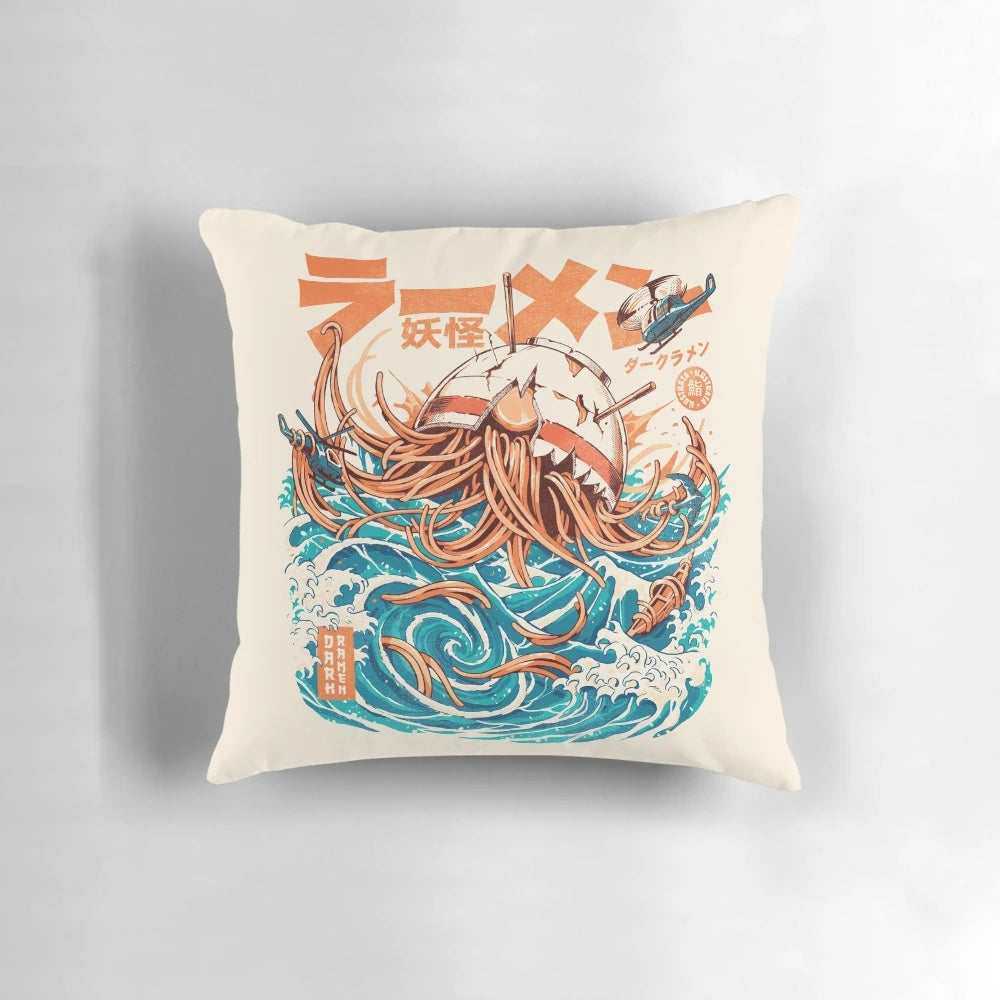 Retro-style pillow featuring a dark and moody interpretation of the famous "Great Wave off Kanagawa" ukiyo-e print, with ramen noodles and a kaiju-inspired monster.