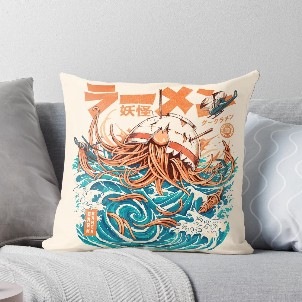 Retro-style pillow featuring a dark and moody interpretation of the famous "Great Wave off Kanagawa" ukiyo-e print, with ramen noodles and a kaiju-inspired monster.
