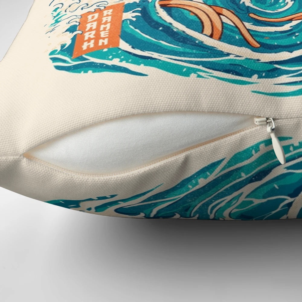 Retro-style pillow featuring a dark and moody interpretation of the famous "Great Wave off Kanagawa" ukiyo-e print, with ramen noodles and a kaiju-inspired monster.