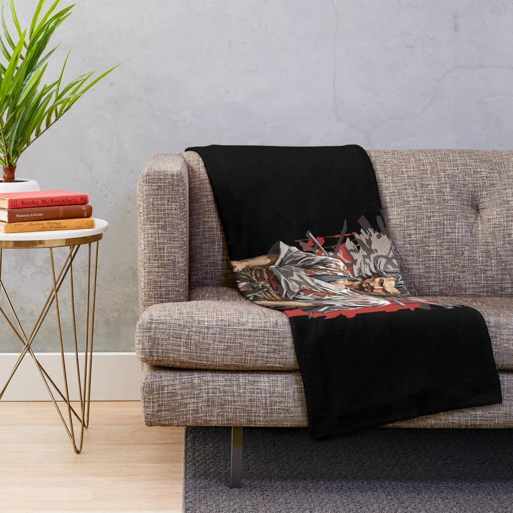 Retro Japanese style Samurai plush blanket with aesthetic Japan art design