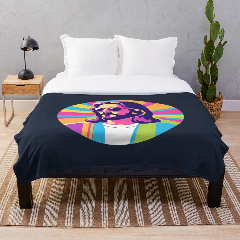 Vibrant pop art design of Jesus with retro sunglasses on a plush blanket
