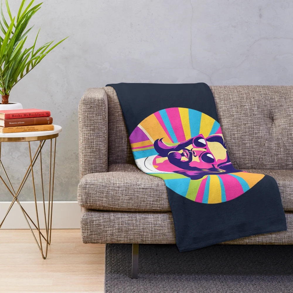 Vibrant pop art design of Jesus with retro sunglasses on a plush blanket