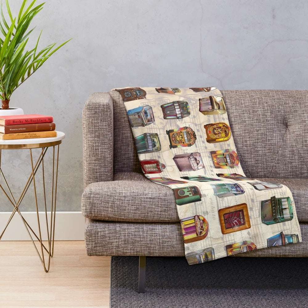 Jukebox-themed plush blanket with a vintage and retro design