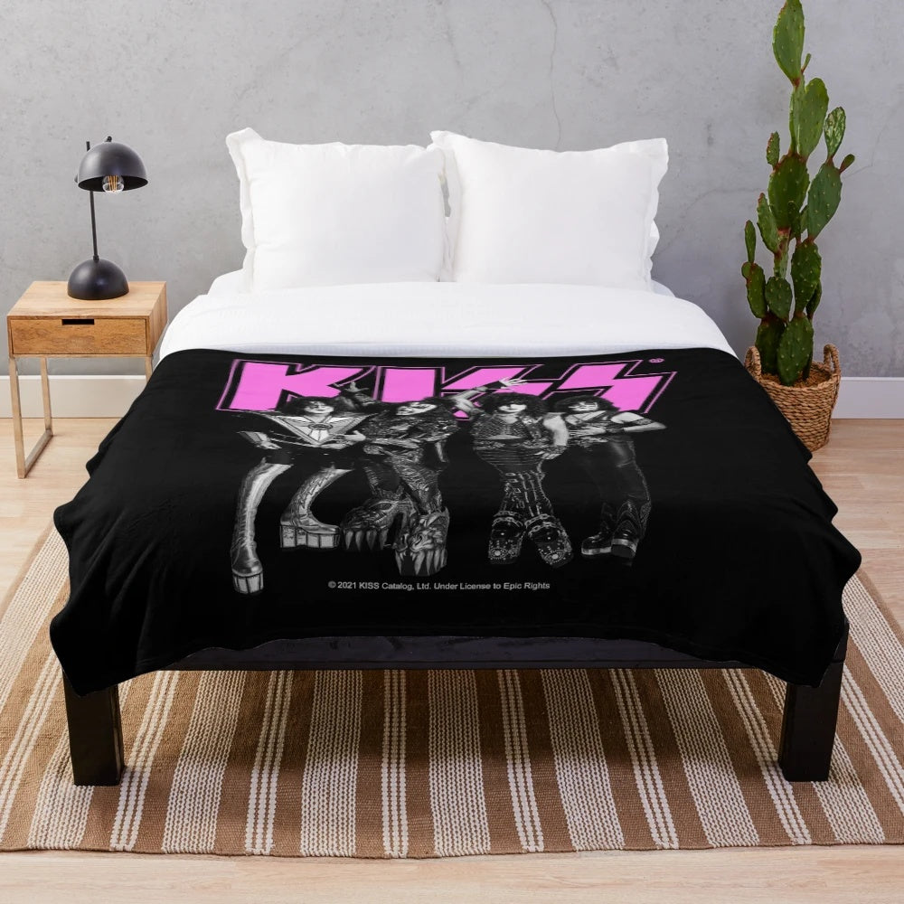 KISS band plush blanket in pink, black and white colors