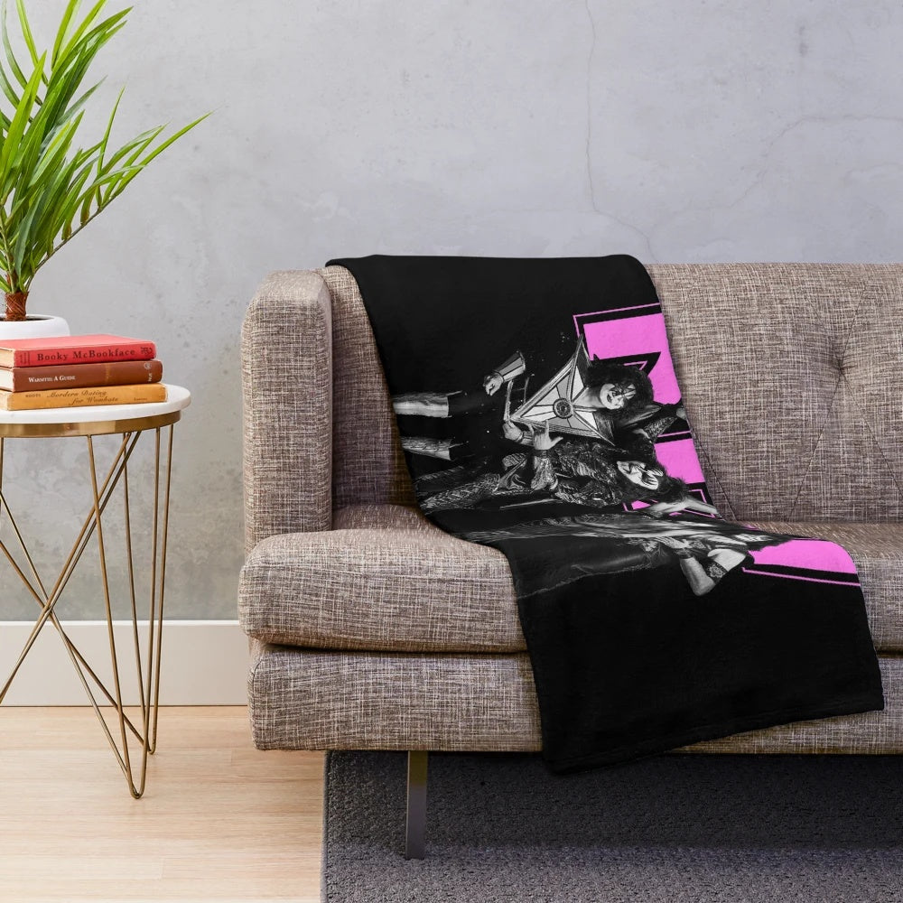 KISS band plush blanket in pink, black and white colors