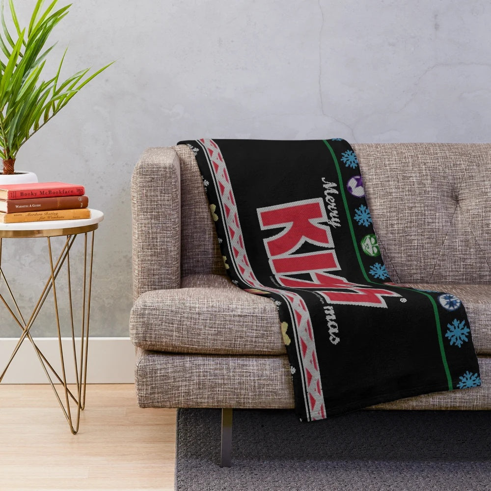 Retro KISS rock band inspired ugly Christmas sweater plush blanket
