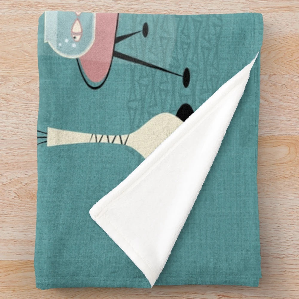 Retro mid century style plush blanket featuring playful kittens and atomic inspired graphics