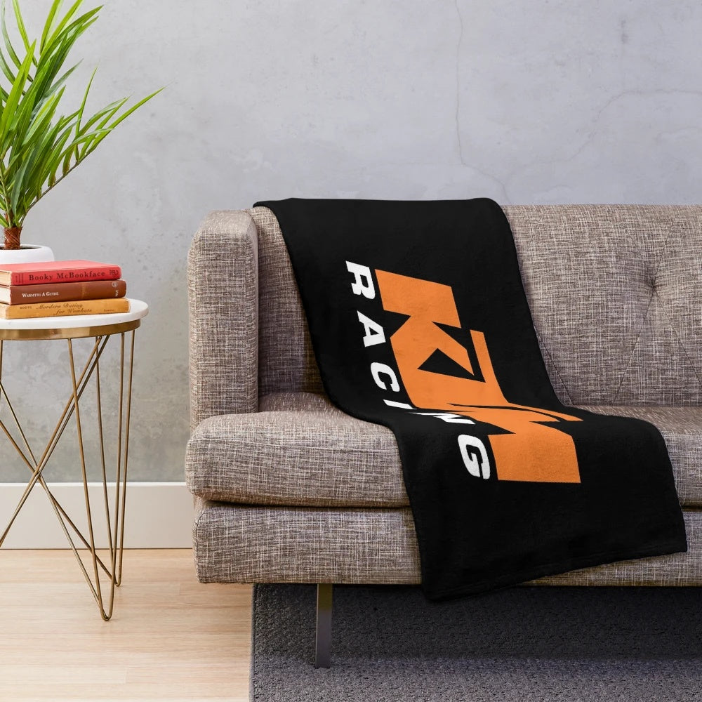Retro KTM plush blanket with vintage motorcycle design