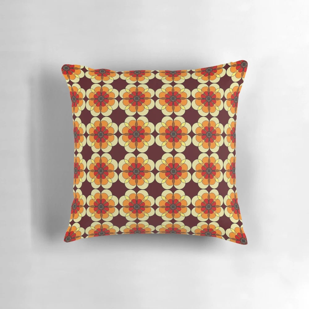 Vibrant retro marigold flower pattern on a soft, plush pillow