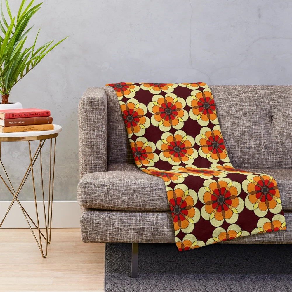 Retro Marigold Plush Blanket with Floral and Geometric Patterns