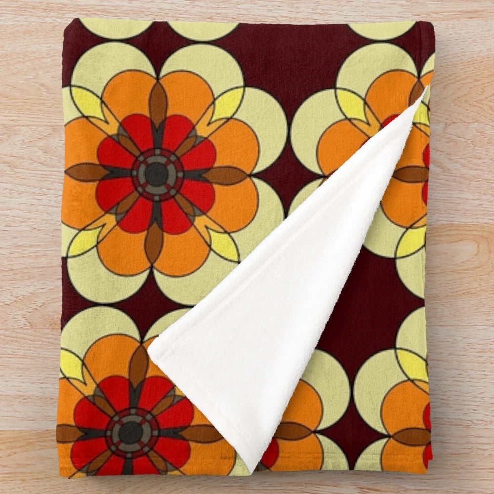 Retro Marigold Plush Blanket with Floral and Geometric Patterns