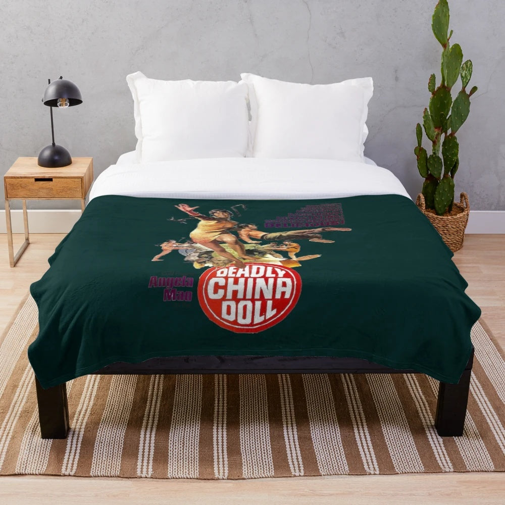 Vintage-inspired plush blanket featuring the iconic Deadly China Doll character from the martial arts film